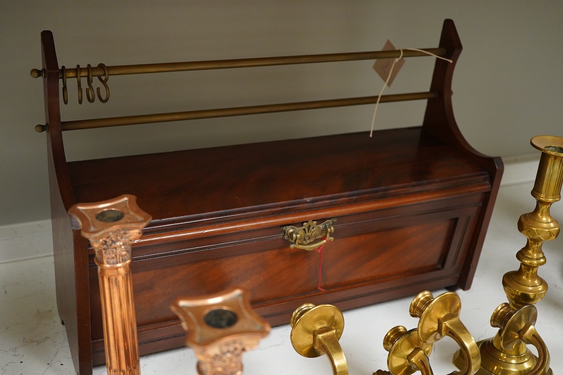 A pair of Corinthian column copper candlesticks, a pair of three branch sconces and pair of brass candlesticks, together with brass-mounted mahogany wall shelf /cabinet - 33cm high